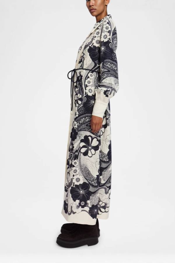 Black & White Floral Print Shirt Dress Puff Sleeve Waist Tie Maxi Dress