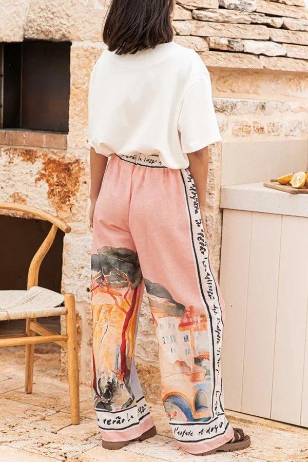 Unique Printed Elastic Waist Vacation Casual Wide Leg Pants