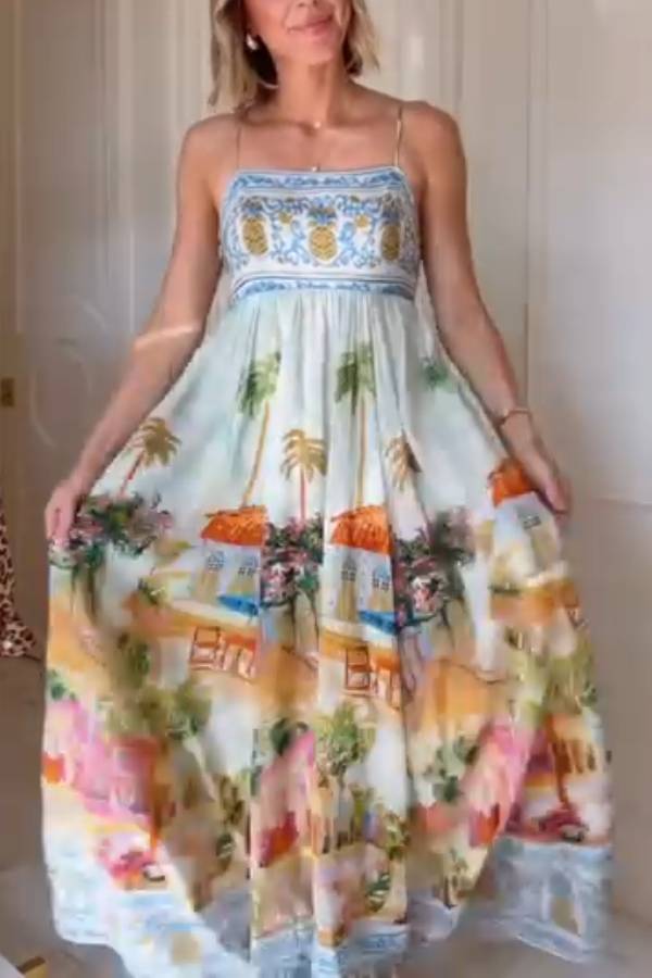 Tropical Print Spaghetti Strap Flowy Maxi Dress