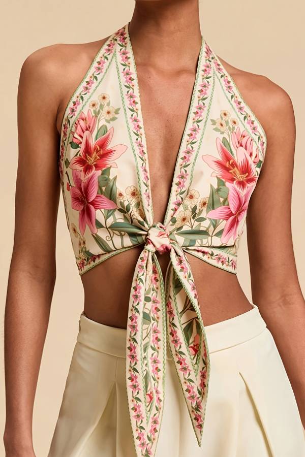 Vintage Floral Halter Tie Backless Crop Cami Top