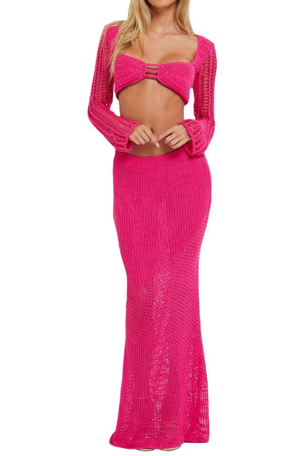 Square Neck Cutout Long Sleeve Crochet Top & Fishtail Skirt Vacation Two-Piece Set