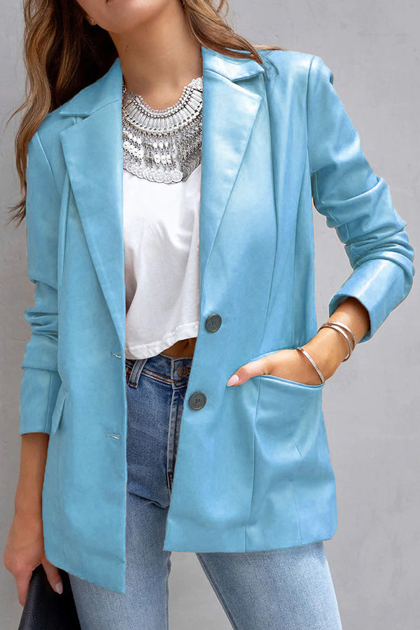 FASHION AFFAIRS POCKETED FAUX LEATHER BLAZER Blue