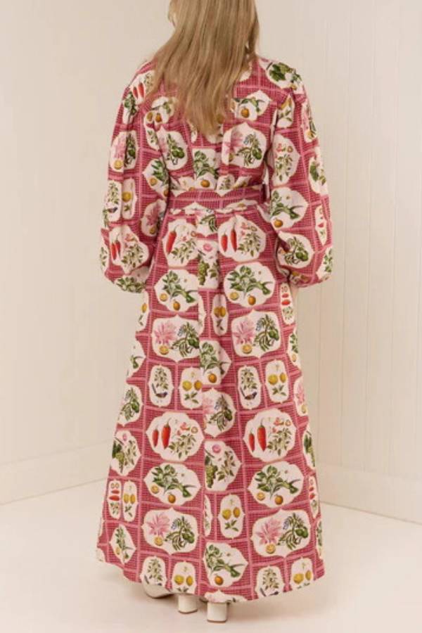 Puff Sleeve Tie-Waist Novelty Print Maxi Shirt Dress