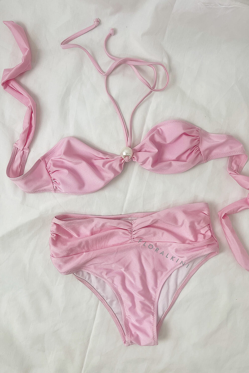 Pearl Accent Bandeau Halterneck High Waisted Bikini Set