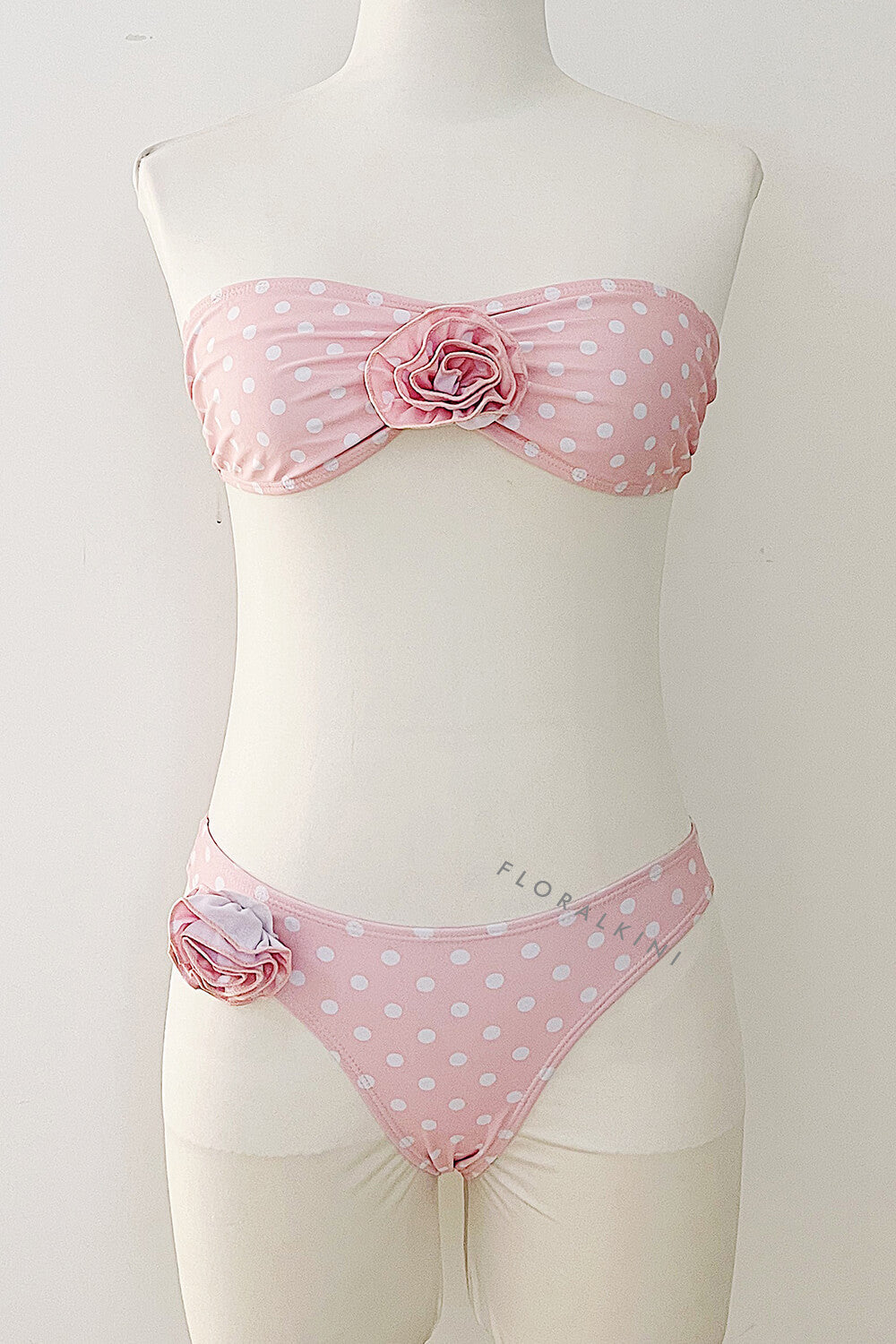 Pink Polka Dot Rosette Bandeau High-Cut Bikini Set
