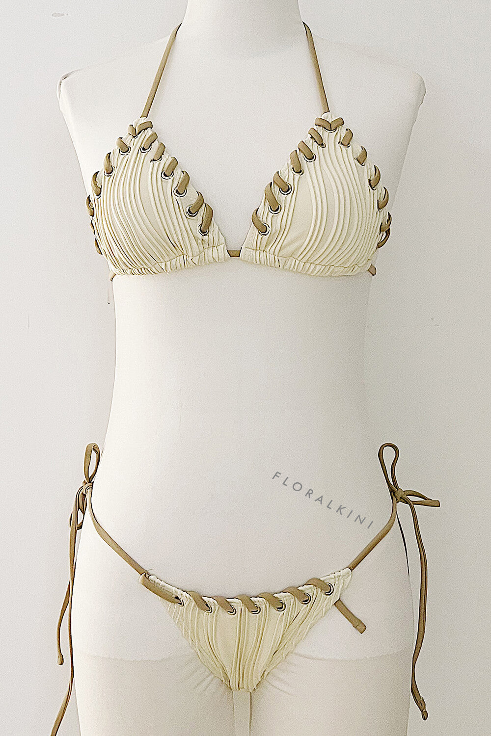 Textured Twisted Trim Triangle Halter Tie Side Bikini Set With Bows - Beige