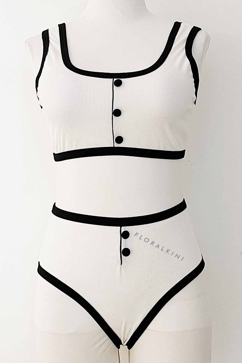Color Block Ribbed Button Front Cropped High Waisted Bikini Set - White