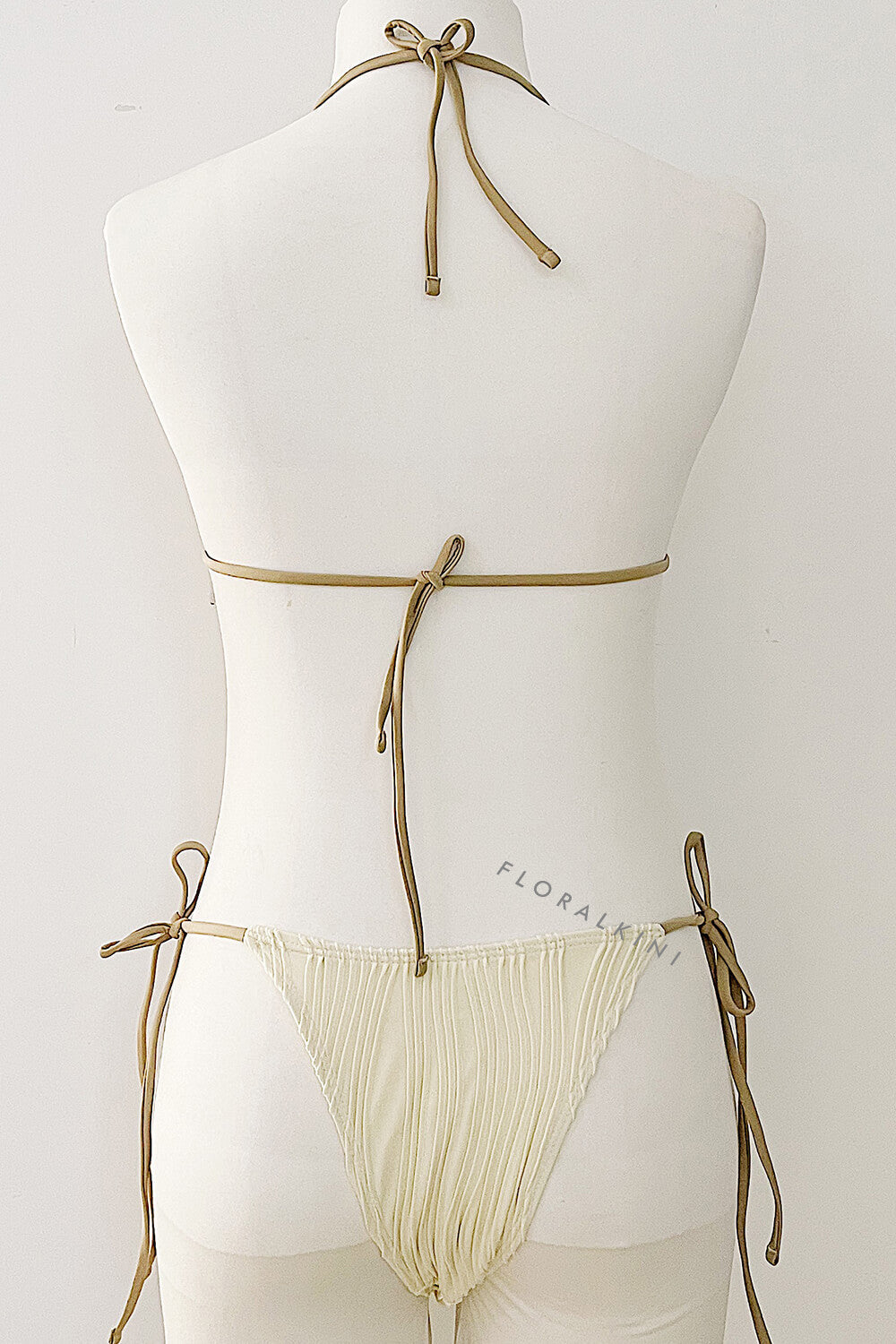 Textured Twisted Trim Triangle Halter Tie Side Bikini Set With Bows - Beige