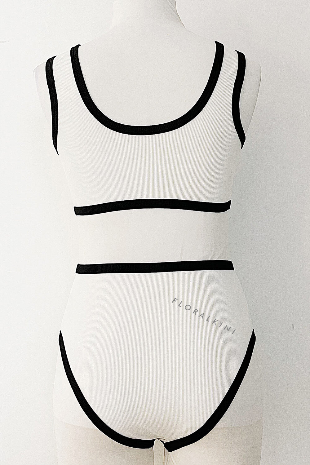Color Block Ribbed Button Front Cropped High Waisted Bikini Set - White