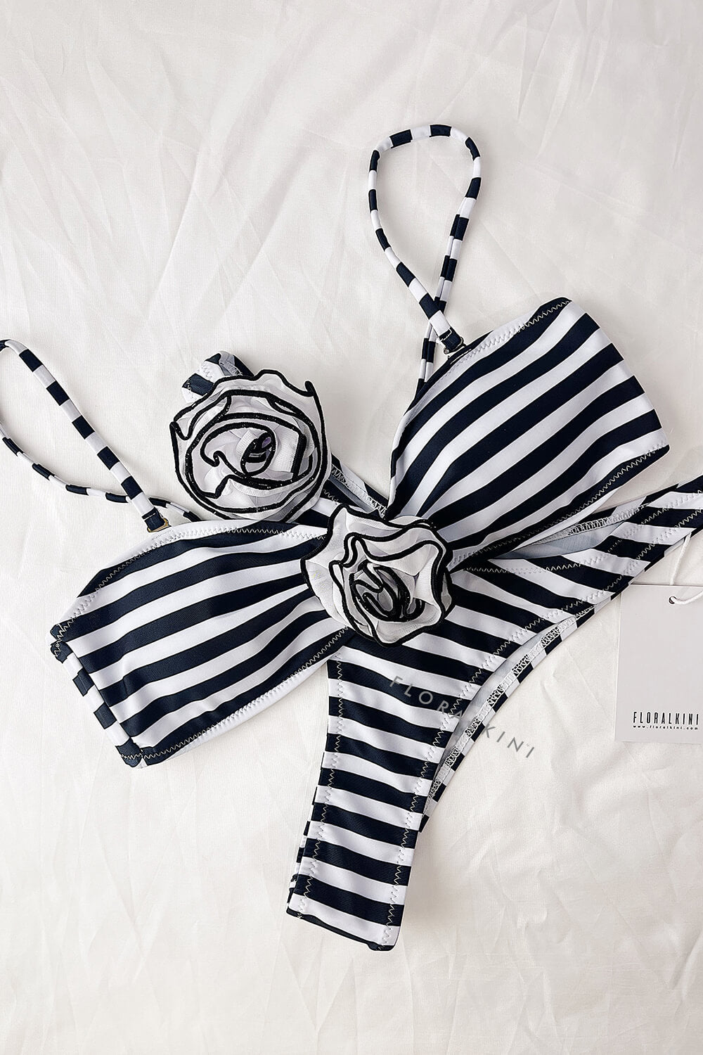 Rosette Bandeau High Waisted Bikini Set - Cream Black Stripe
