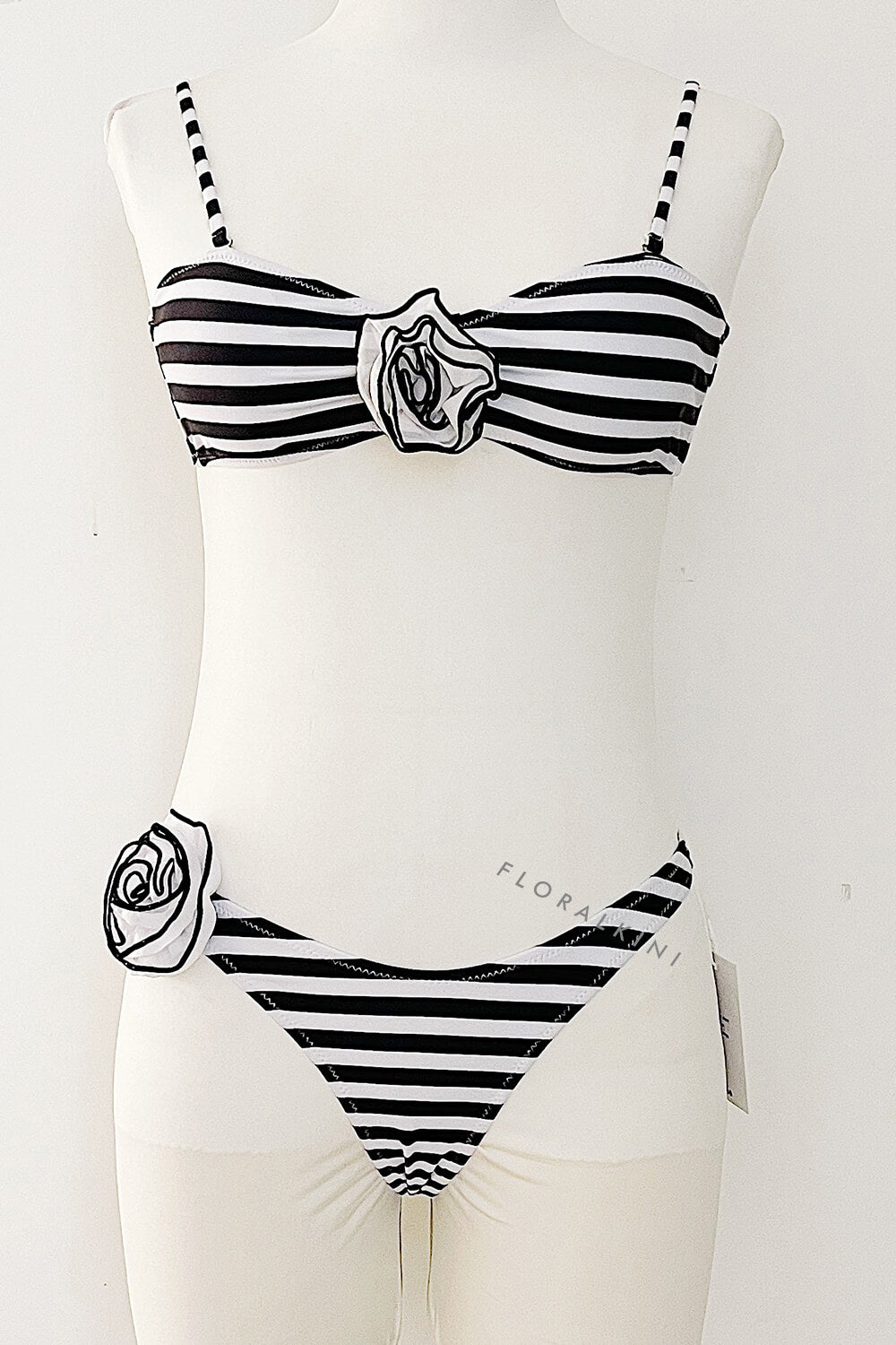Rosette Bandeau High Waisted Bikini Set - Cream Black Stripe