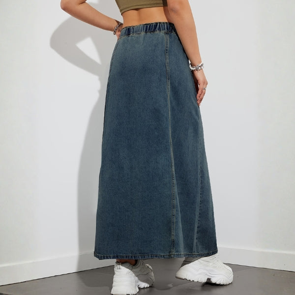 The Shoreline Drawstring Denim Maxi Skirt