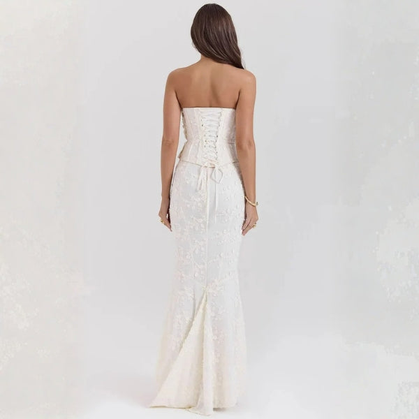 The Erica Structured Embroidered Corset Maxi Strapless Dress