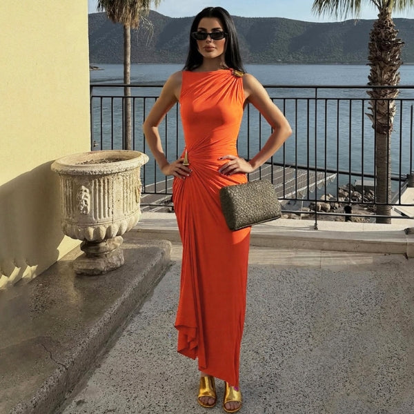 The Santorini Ruched Hardware Maxi Dress