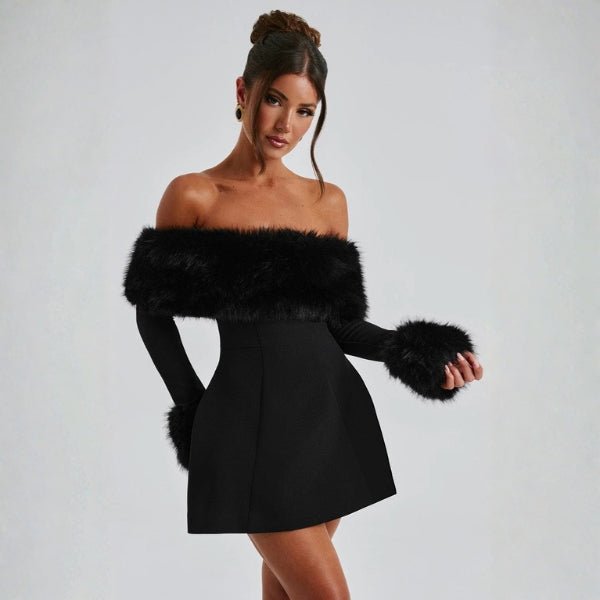 The Valentina Structured Off-Shoulder Faux Fur Mini Dress