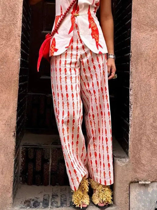 Pantalon large à taille élastique et imprimé poisson porte-bonheur unique