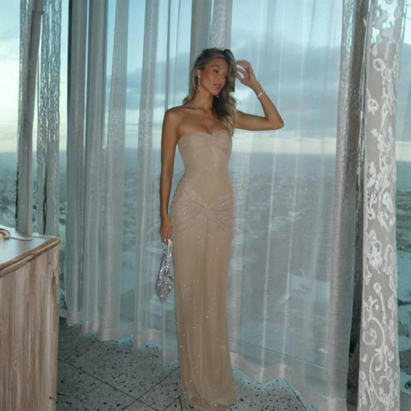 The Monaco Luminescence Evening Draped Maxi Strapless Dress