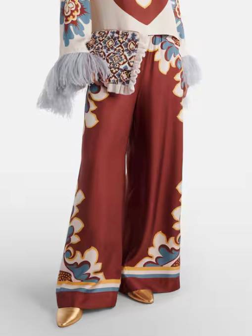 Unique Printed Feather Shirt And Wide Leg Pants Suit-Pants