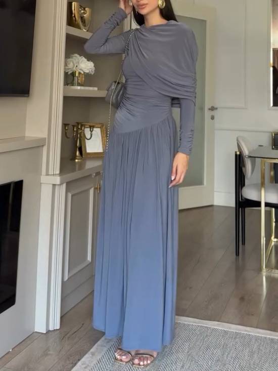 Irregular Shawl Pleated Maxi Dress