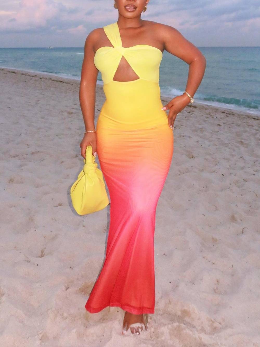 Einschultriges Maxikleid mit Farbverlauf in Sonnenuntergangsfarbe