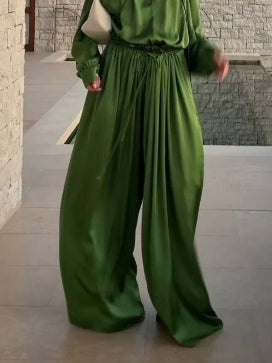 Pantalon large élégant en satin avec cordon de serrage