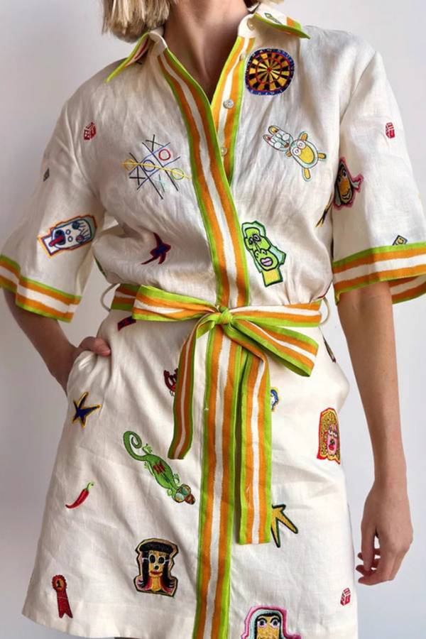 Playful Cartoon Embroidered Contrast Stripe Tie Shirt Dress
