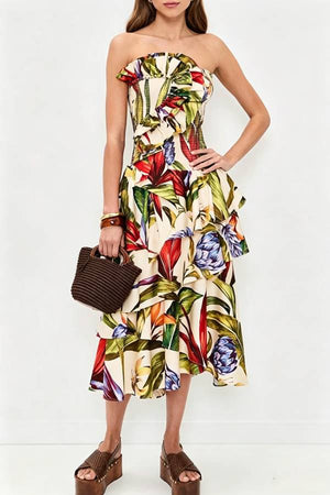 Tropical Botanical Prints Smocked Ruffles and Draped Detail Strapless Midi Dress