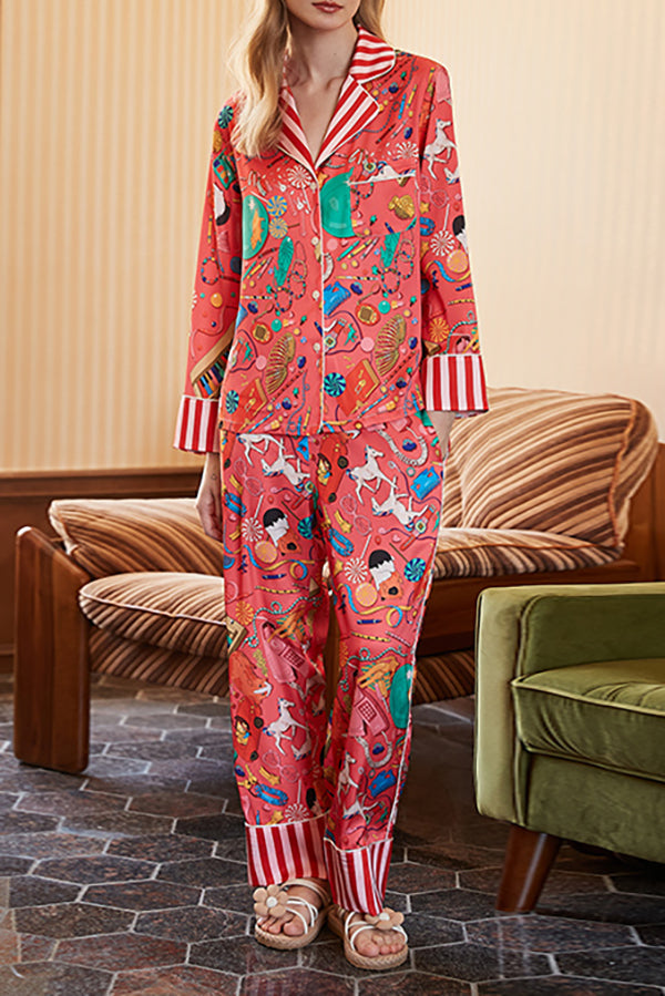 Ground Print Home Long Sleeve Two Piece Set Red