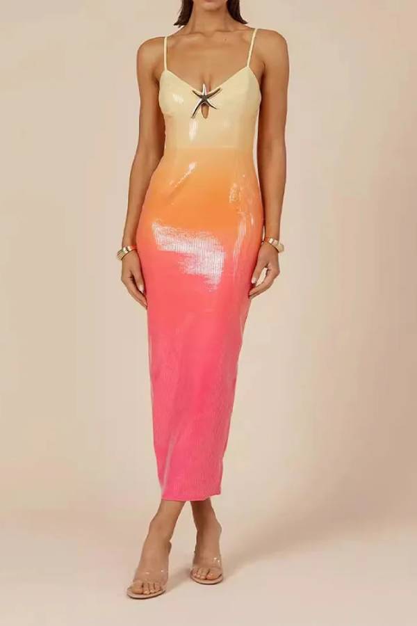 Chic Starfish Design Sequined Printed Sling Dress Apricot-Rose