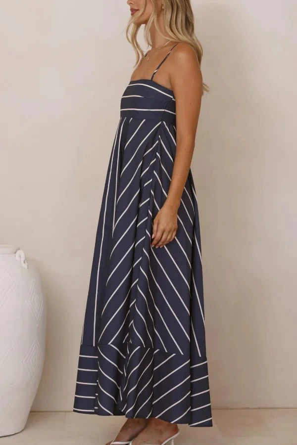 Striped Print Square Neck Spaghetti Strap High Waist Casual Maxi Dress