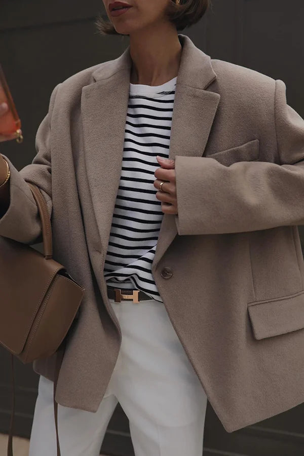 Solid Color Lapel Long Sleeve Loose Blazer Khaki