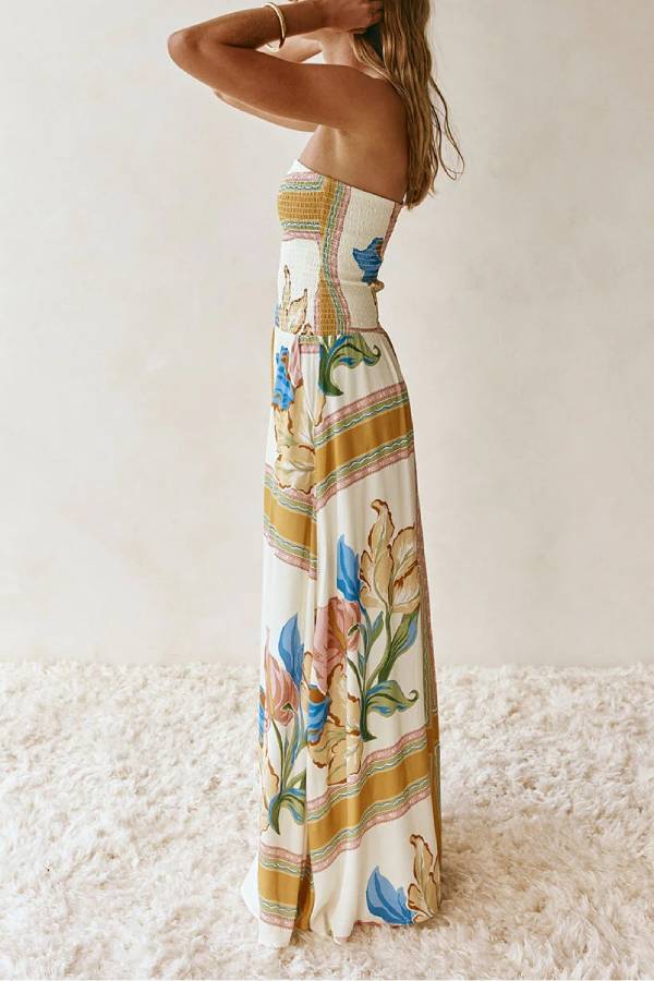 Schulterfreies, plissiertes Resort-Maxikleid aus Leinenmischung mit einzigartigem Druck 