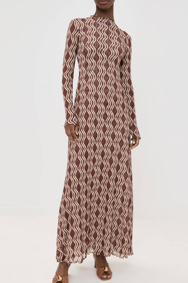 Mock Neck Wave Print Sheer Long Sleeve Maxi Dress