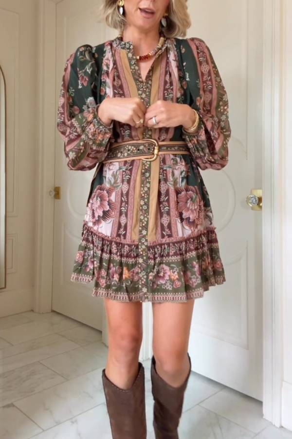 Farm Rio Belted Puff-Sleeve Mini Dress