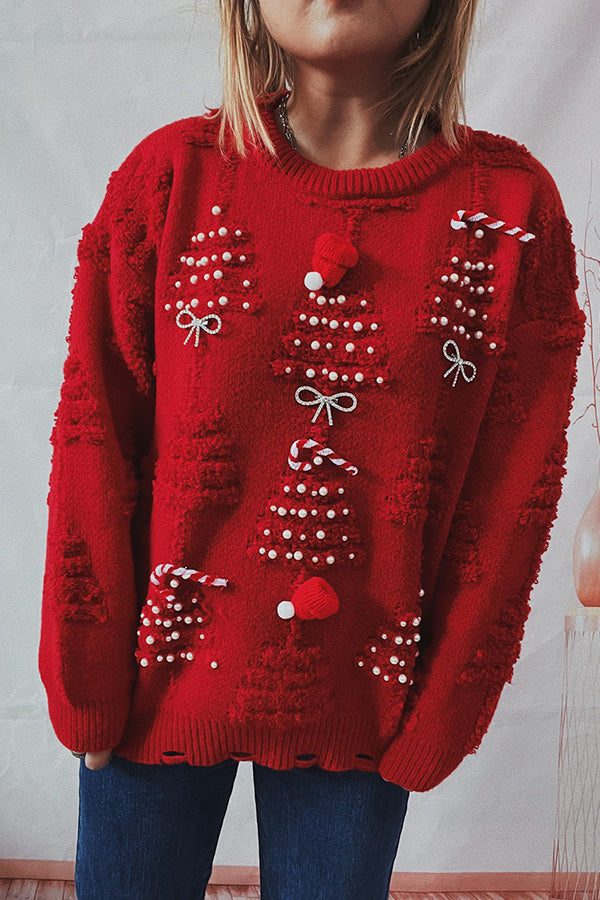 Handmade pearl Christmas theme sweater three-dimensional decorative sweater Red