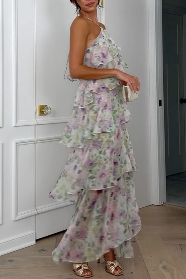 Cocktail Party Sheer Floral Georgette Halter Flowy Tiered Maxi Dress