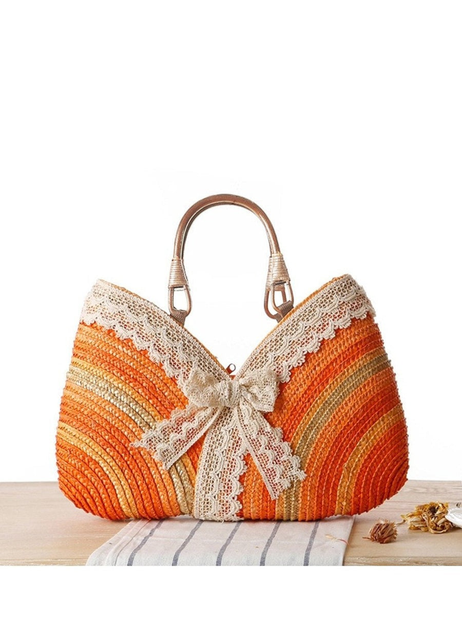 Lace Patchwork Woven Tote Bag Orange ONE SIZE