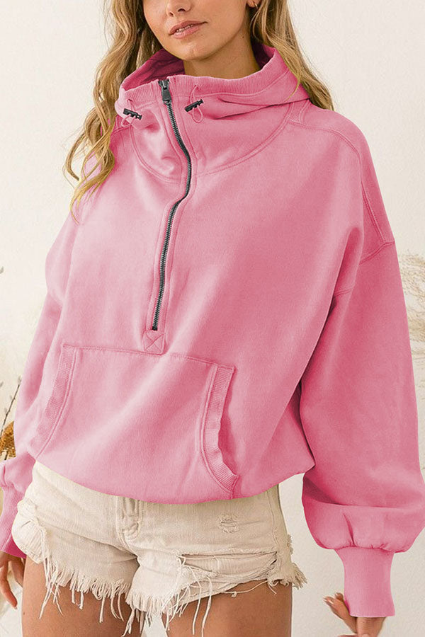 Zip Drawstring Long Sleeve Hoodie rose