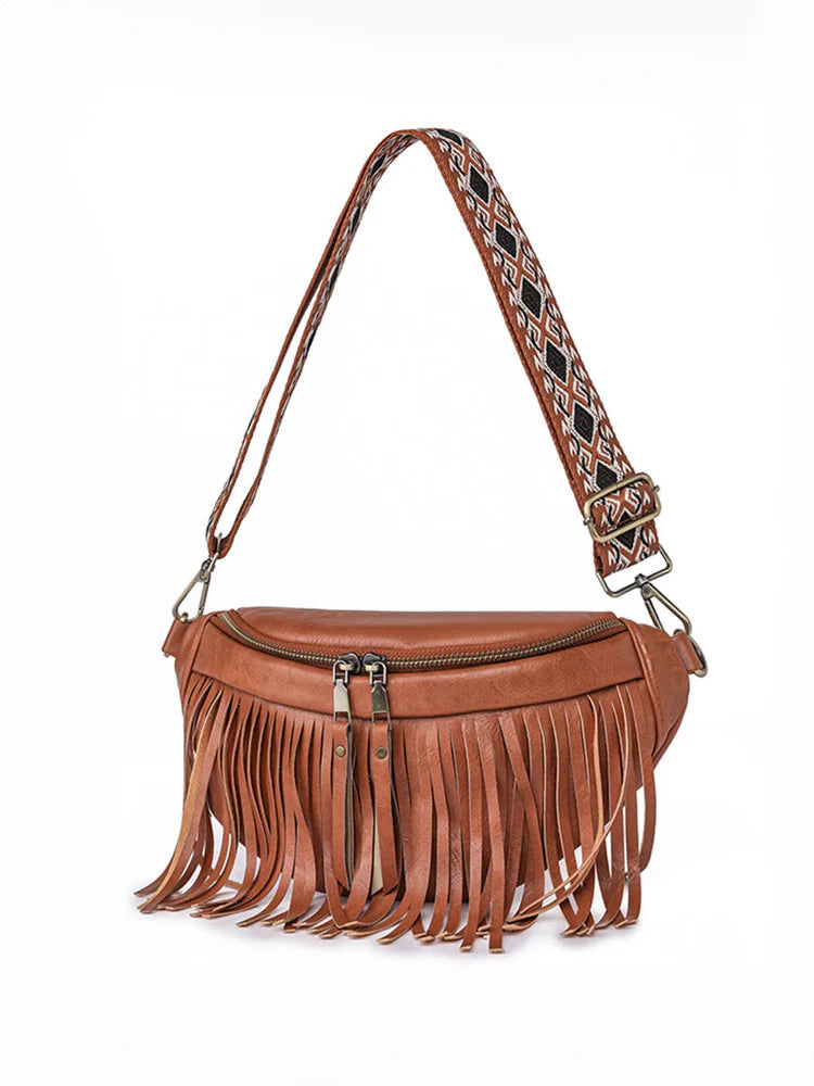 Vintage Totem Shoulder Strap Tassel Hobo Bag Brown ONE SIZE