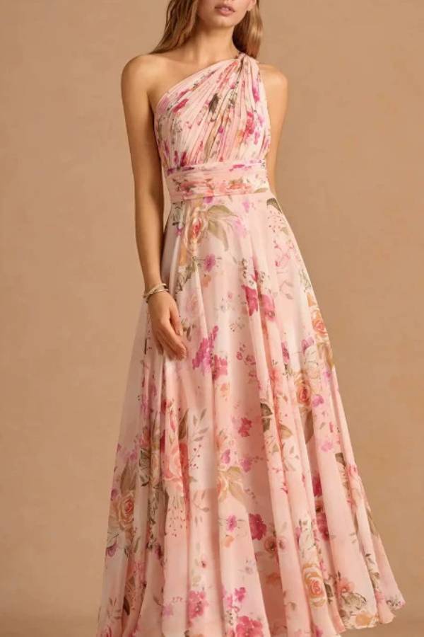 One Shoulder Pleated Watercolor Floral Chiffon Maxi Bridesmaid Dress