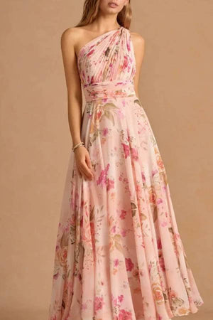 One Shoulder Pleated Watercolor Floral Chiffon Maxi Bridesmaid Dress