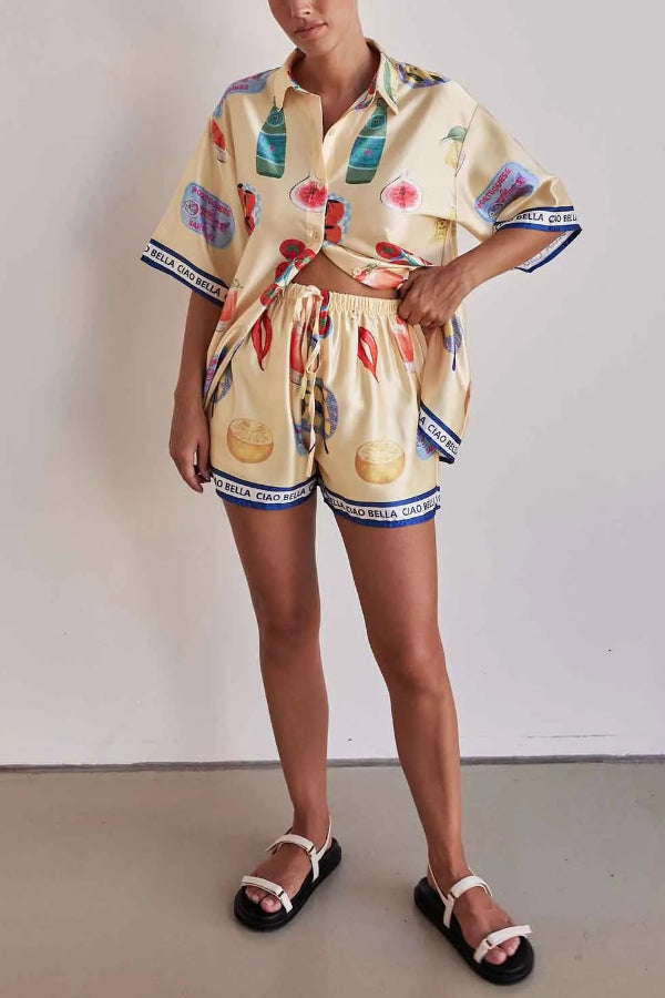 Unique Print Casual Lapel Cardigan Shorts Set Beige