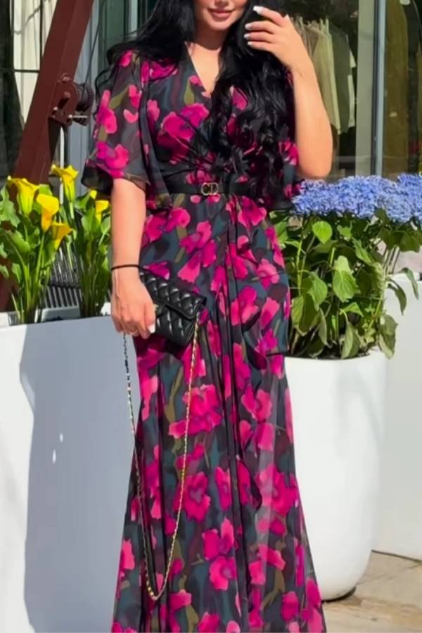 Bedrucktes Retro-Kleid mit V-Ausschnitt und Trompetenärmeln