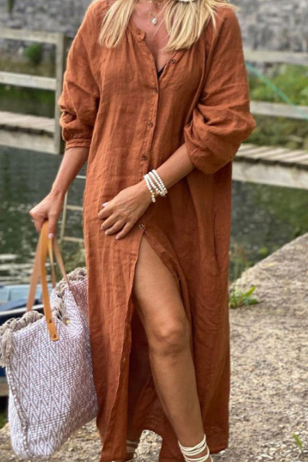 Cotton Leaf Long Solid Button Down Shirt Orange