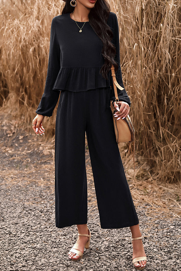 Temperament casual suit solid color long-sleeved top loose trousers Black