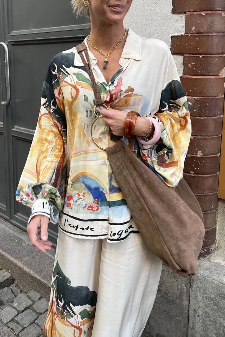 Ellison Unique Print Button Up Long Balloon Sleeve Loose Blouse White