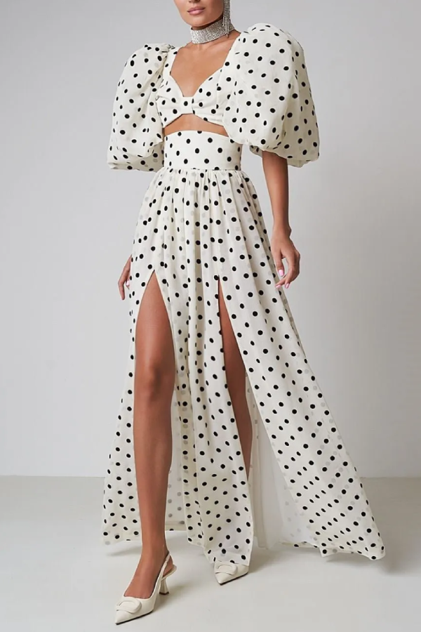 Puff Sleeve Waist Slit Hem Polka Dot Skirt Set White