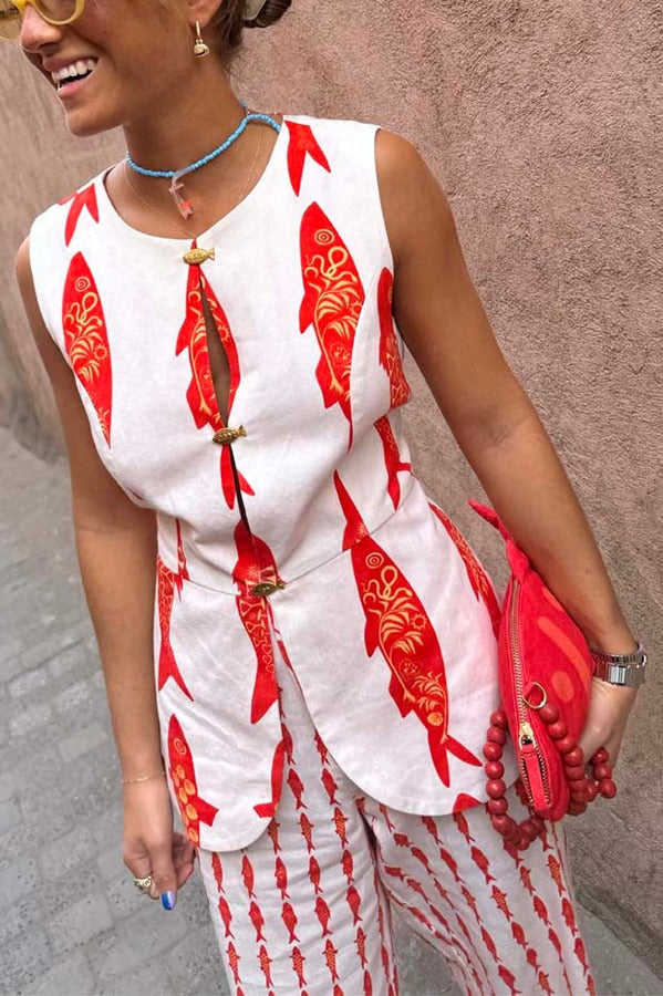 Good Luck Linen Blend Koi Pattern Metal Buttons Waisted Vest Red