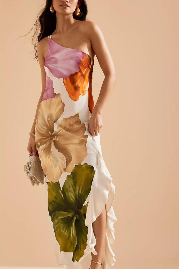 Love Filled Maxi-Slip-Kleid mit Blumendruck und einer Schulter sowie seitlichen Rüschen