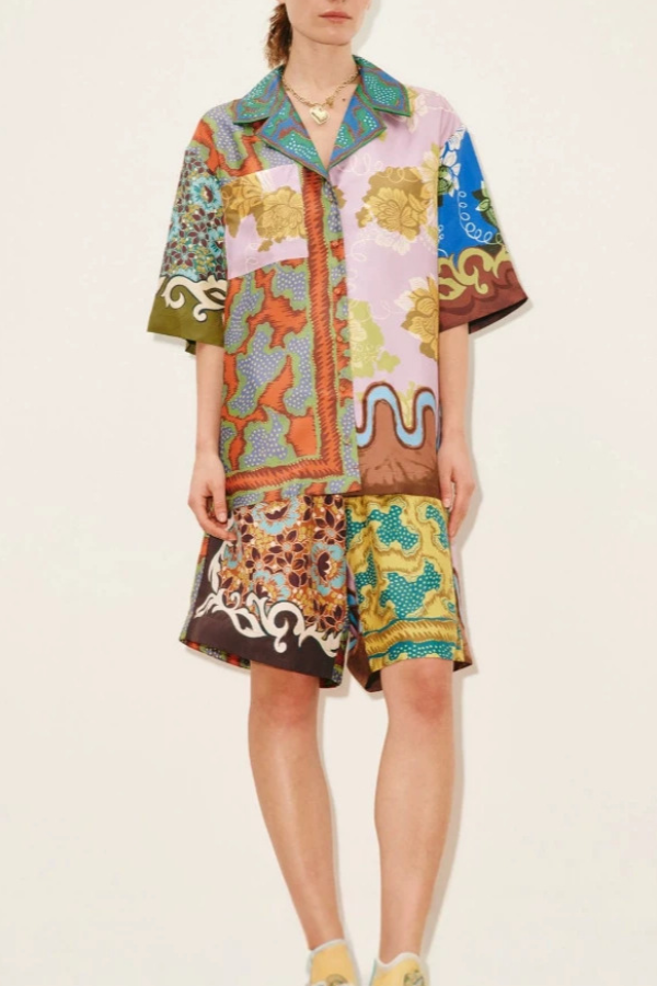 Retro Color‑Block Print Shirt & Shorts Two‑Piece Set